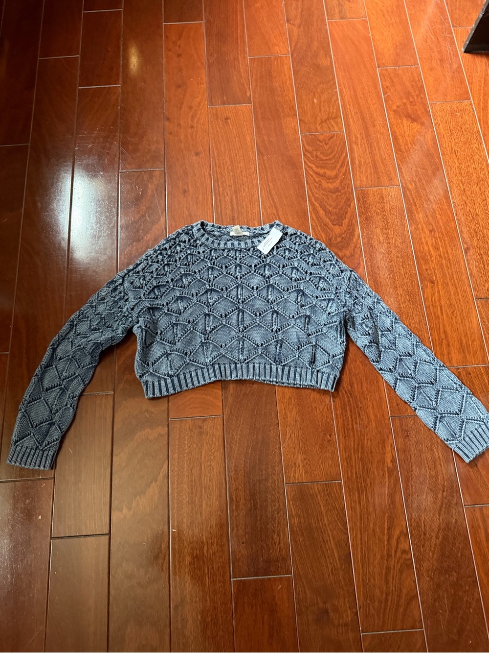 Full Tilt Cropped Openwork Scoop-Neck Sweater in Slate Blue